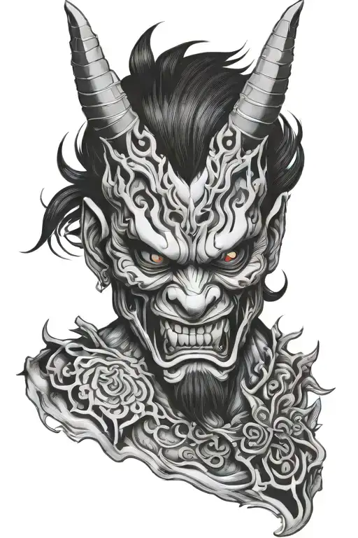 Detailed Sketch Of A Tattoo On The Arm In The Form Of An Oni Mask In Black And White Style