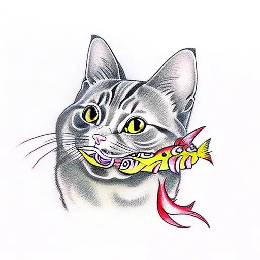 Colored Cat With Fish In Mouth