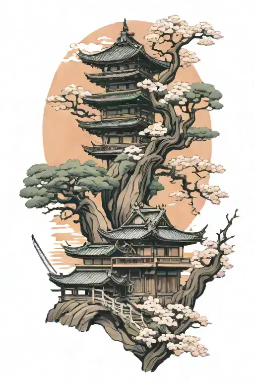 Samarai Pagoda Rising Sun Cherry Blossom Tree Sword Handle