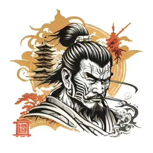 Samurai Warrior And Temple Architecture Forming