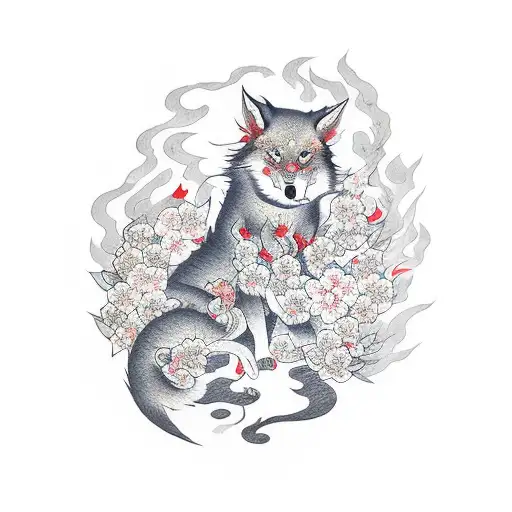 Kitsune With Cherry Blossoms And Fire
