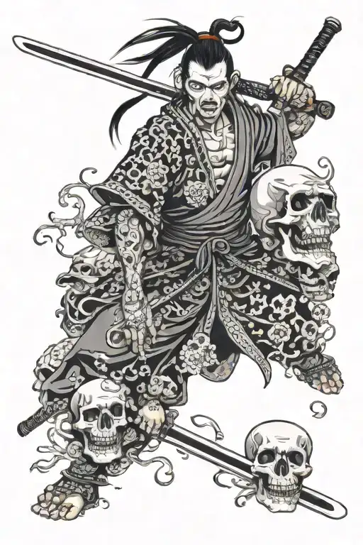 Samurai Warrior Surrounded By Skulls