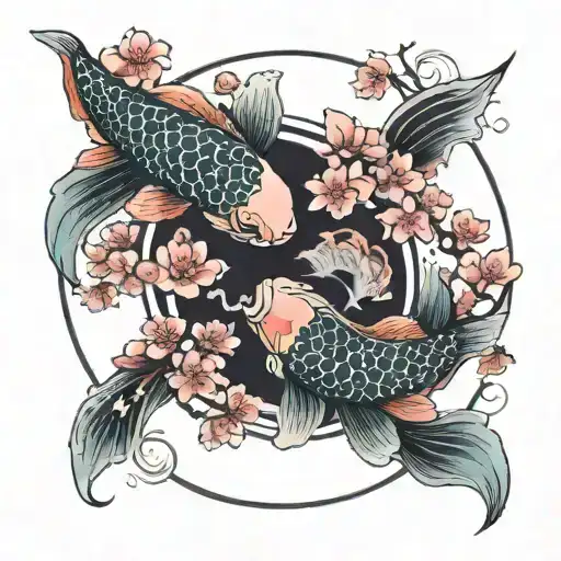 Koi Fish Yin Yang Cherry Blossom Flowers