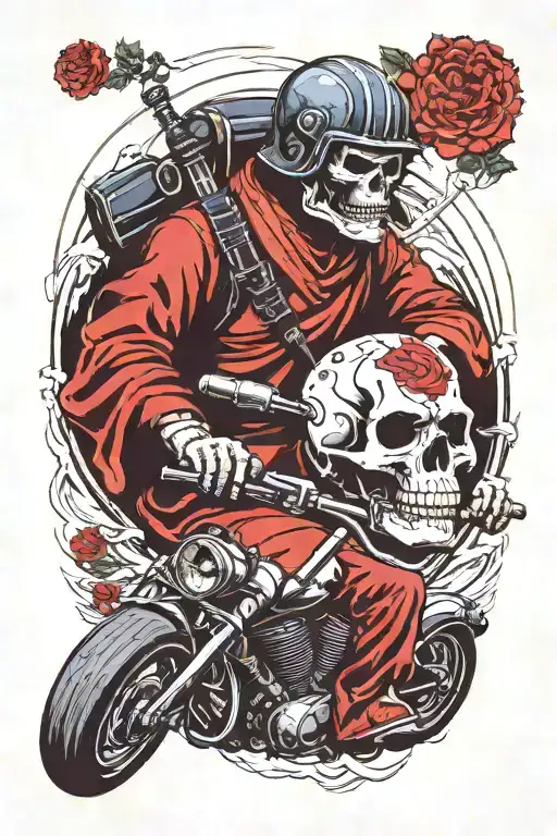 Skull Rider Wearing Kendo Helmet In A Motorcycle With Ape Hanger On A Smoked Background
