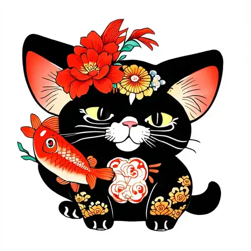 Japanese Lucky Cat With Fish And Flowers