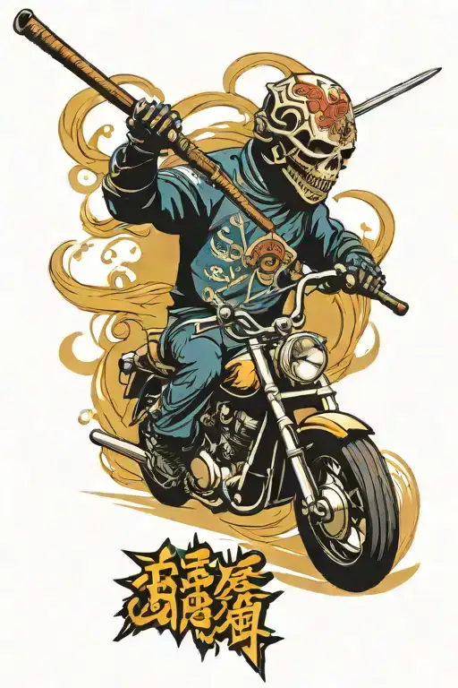 A Skull Rider Wearing A Kendo Mask On A Motorcycle In A Smoked Background