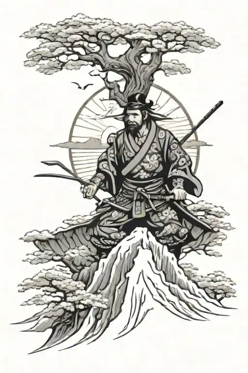 Samurai On Japanese Mountain With Sun