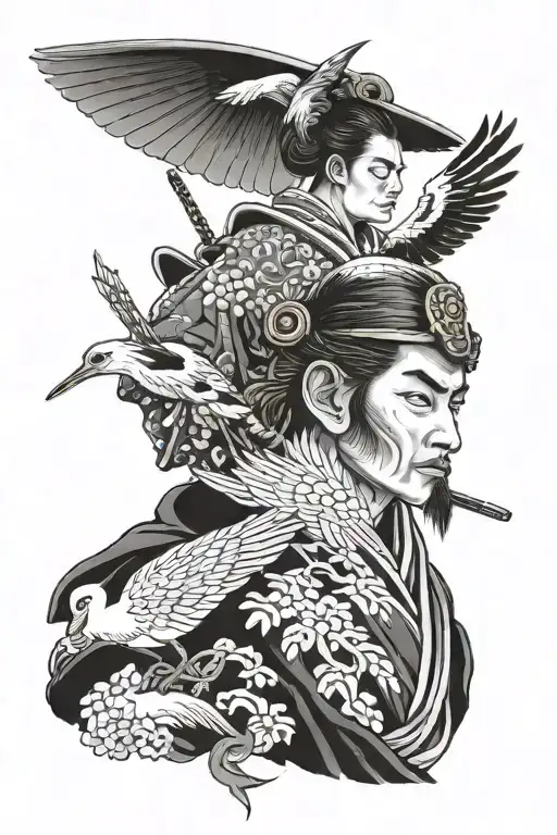 Samurai With On Mask And A Stork Bird