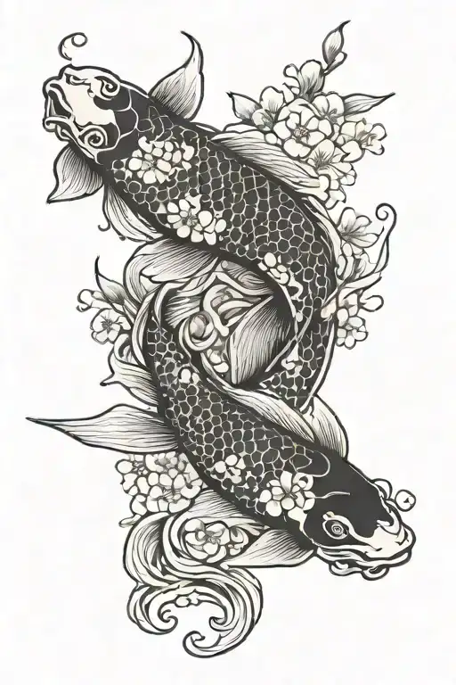 5 Koi Fish Ying Yang Flowers Blooming Cherry Blossom