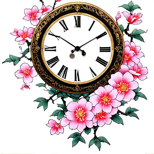 Clock Round Sakura Flowers