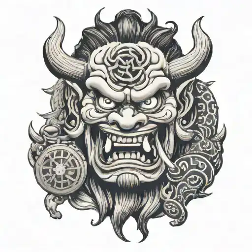 Japanese Oni With A Compass In It's Mouth Open