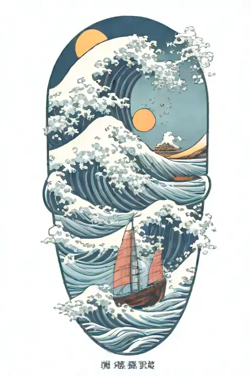 Waves With Crashing Boat Sailing Moon In Background