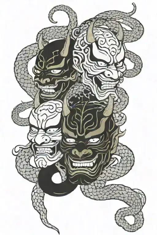 Three Hannya Masks Arranged Vertically And Connected By A Snake