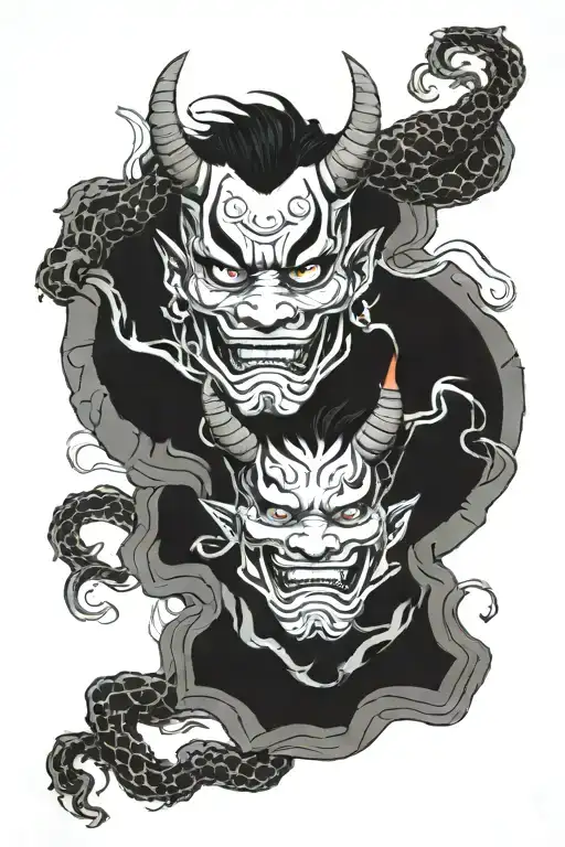 Two Hannya Masks Connected By Dragon Wrapped