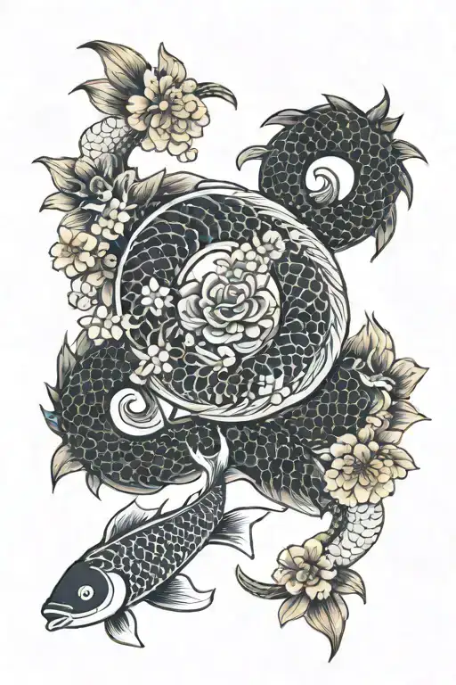 Yin Yang Fish With Dragon And Sakura