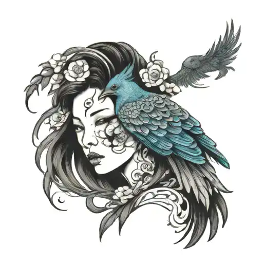 Phoenix Bird Covering Half Of Women's Face Surrounded