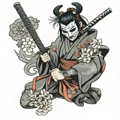 Samurai Girl In A Mask With Katana