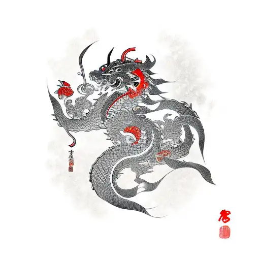 Samurai In A Demon Mask Surrounded By A Dragon And Koi Carps Against A Background Of Cherry Blossoms