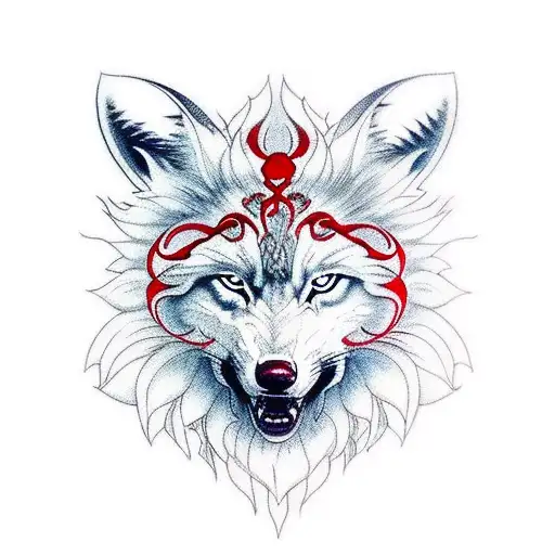 White Wolve With Red Spider Lilies