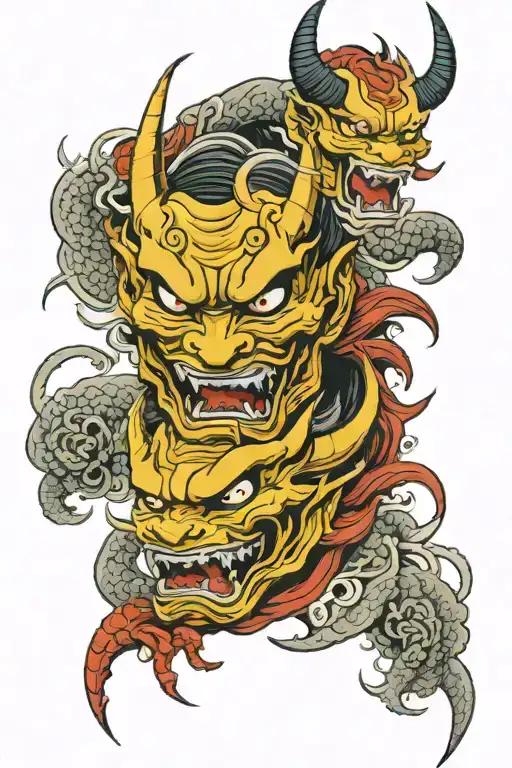 Two Hannya Masks Surrounded By Ryu Dragon