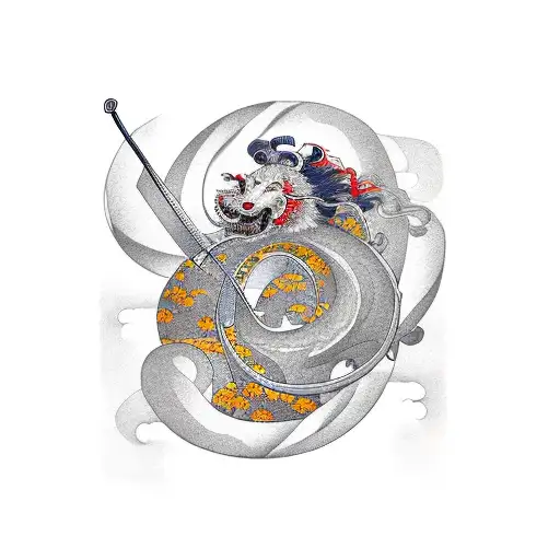 Samurai With Sword Swing Making Golden Spiral