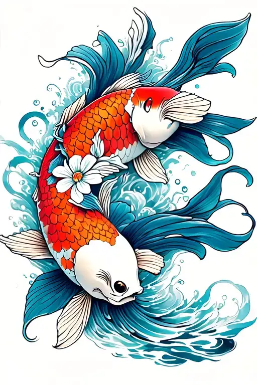 Flores Y Pez Koi Fish Swimming Upstream
