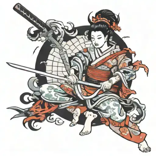Japanese Geisha With Katana Among Demons