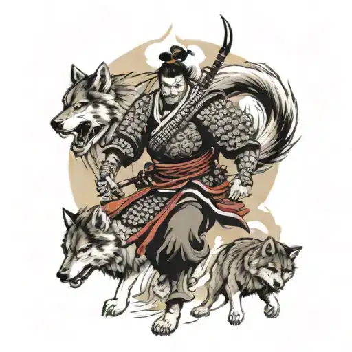 Samurai Warrior And Wolves Running