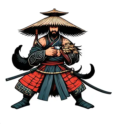 Samuria Ronin Samurai Warrior Holding Catana Wearing Rice Hat
