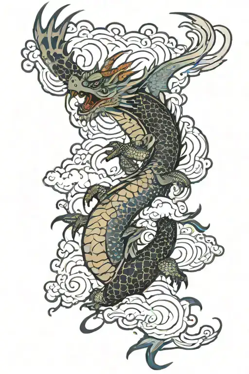 Dragon With Clouds And Lightning Surrounding Turtle And Starfish