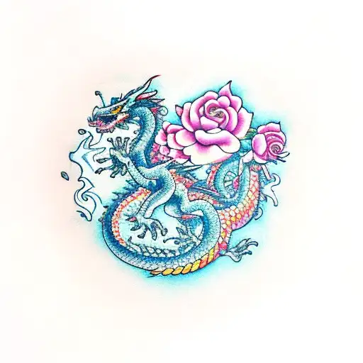 Dragon With Roses Melting Into Fire
