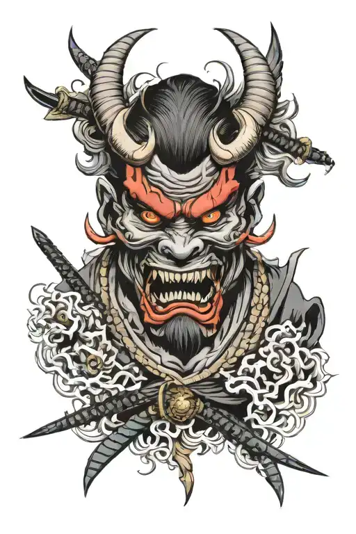 Oni Mask Samurai Looking And Animal Characteristics Sharp Teeth Head Only Facing Me