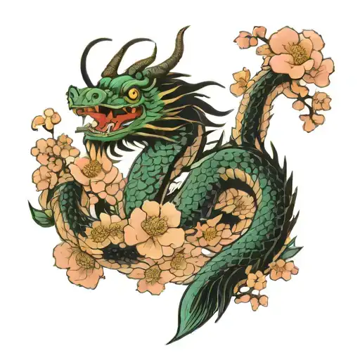 Japanese Dragon & Temple With Blossom Petals Falling