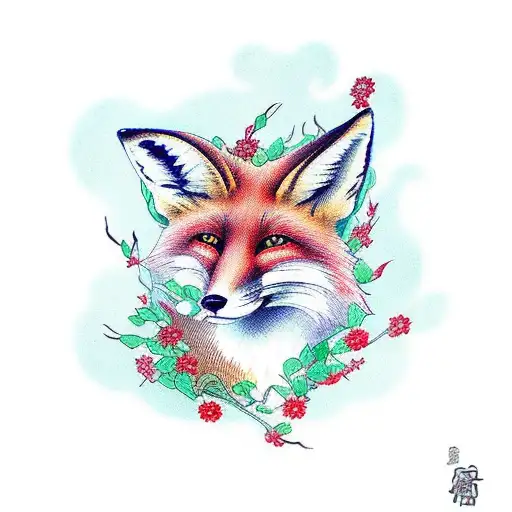 Fox With Red Flowers