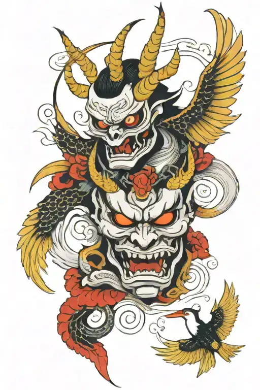 Oni Mask And Crane Bird