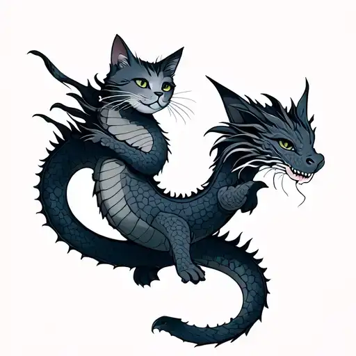 Grey Cat Minimalist Tattoo Riding A Dragon