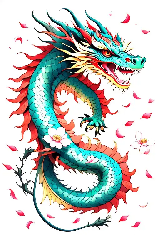 Dragon Wrapped In Cherry Blossom Petals Falling