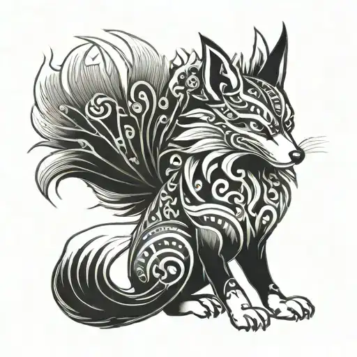 Kitsune With 9 Tail Tattoo In Aztec Drawing Style