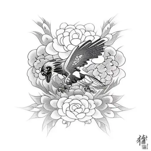 Back Tattoo Of Hawk And Flowers With Neo Japanese Influence