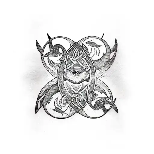 Vikings Runes And Pisces Fish Around Them In The Water