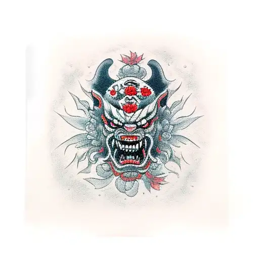 Scary Oni Mask With Floweres And Knifes