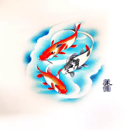 Koi Fish On River And Snapdragon Flower