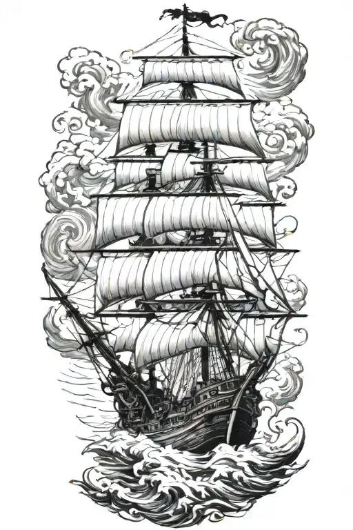 Pirate Ship Sailing Rough Seas Meramid On Front