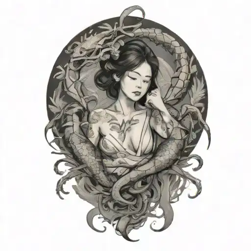 Girl Surrounded By Scorpion Intertwined