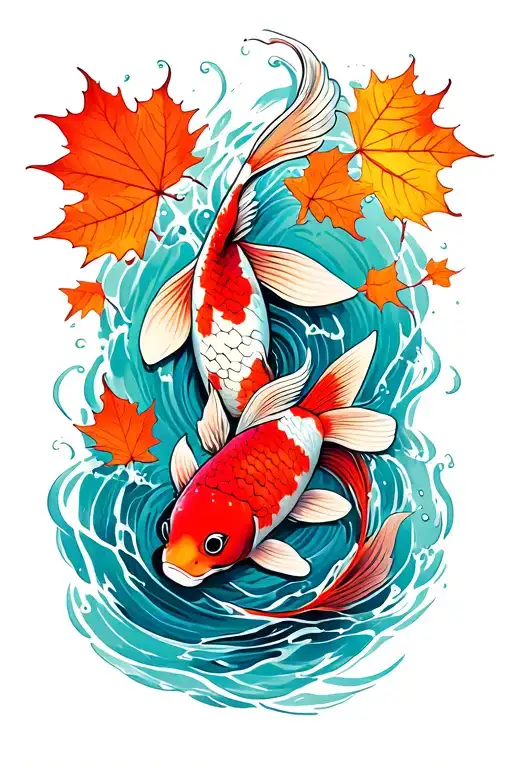 Koi Fish Swimming Upstream Autumn Leaves
