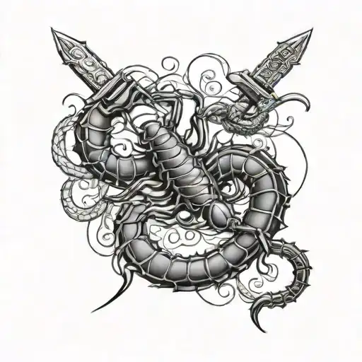 Scorpion Intertwined With Sword Black And White