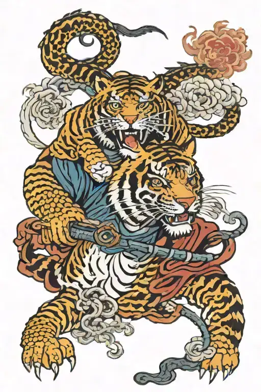 Tiger Samurai And Dragon Intertwined