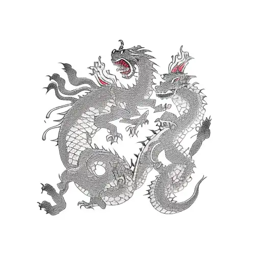 A New-school Design Of A Dog Playing With A Dragon In A Japanese Garden