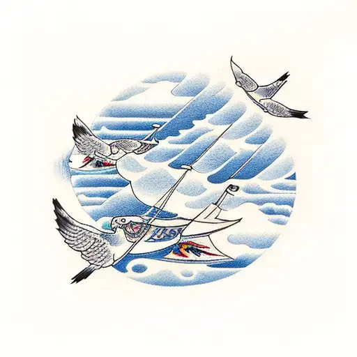 Three Little Birds Flying Above A Sailboat In The Water