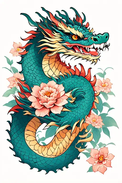 Dragon With Flowers Blooming